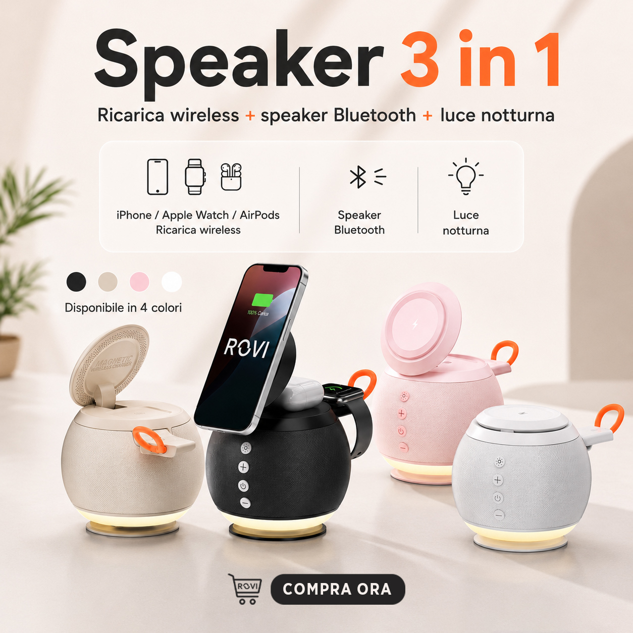charging station 3 in 1 con speaker bluetooth luce led